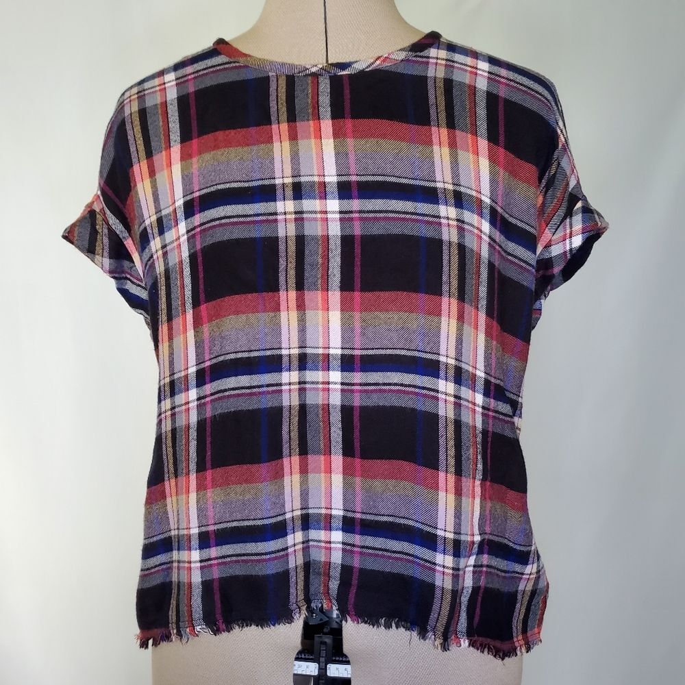 Anthropologie Cloth & Stone Women's Top XS Blue Pink Plaid Short Sleeve Shirt